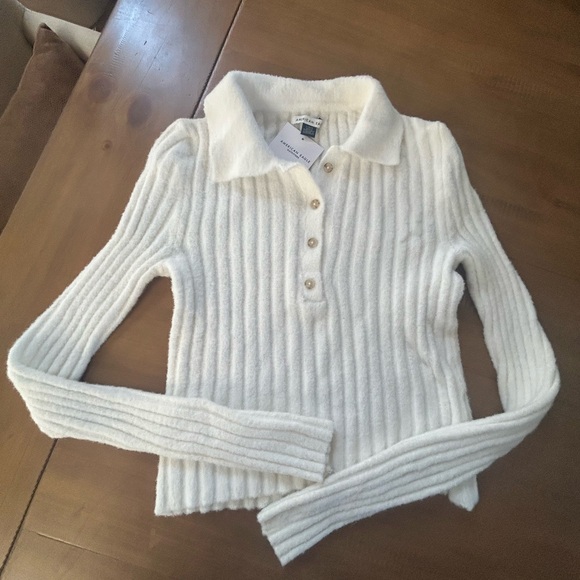 NWT AE Cream Button Up Fitted Sweater - Picture 1 of 7